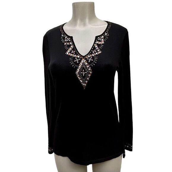 Sweater Works Blouse Women's Size M Black V-Neck Beaded Embroidery Top - Picture 1 of 15